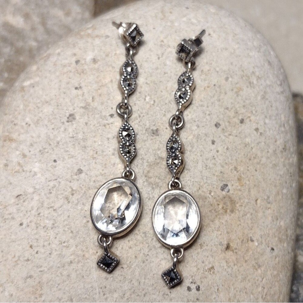 Vintage Judith Jack Marcasite Rock Crystal Sterling Silver Long Dangle Earrings